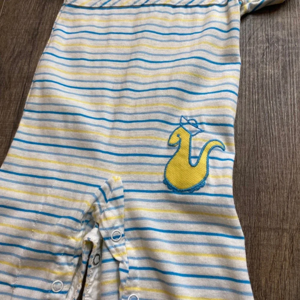 Vintage Striped Duck Embroidered Knit Romper Blue Yellow White Size 6-9M